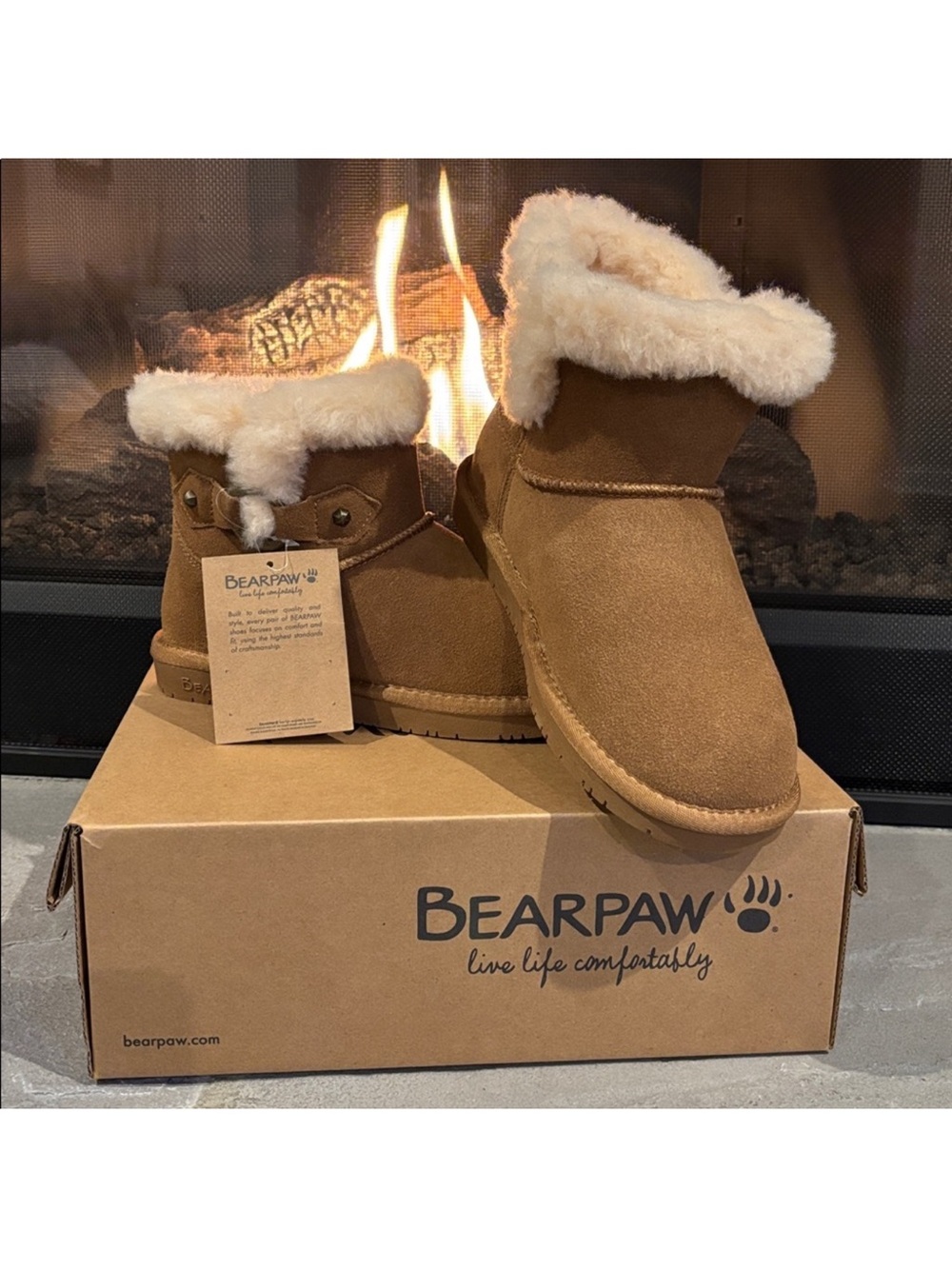 BearPaw Women's Chestnut Brown Suede Ankle Booties with Cream Faux Fur